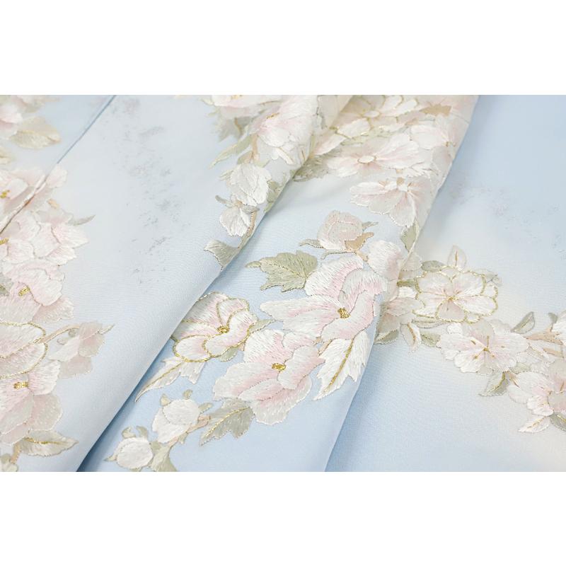 訪問着 手刺繍 正絹 水色 白 金糸 桜の木 未仕立て 反物 仮絵羽