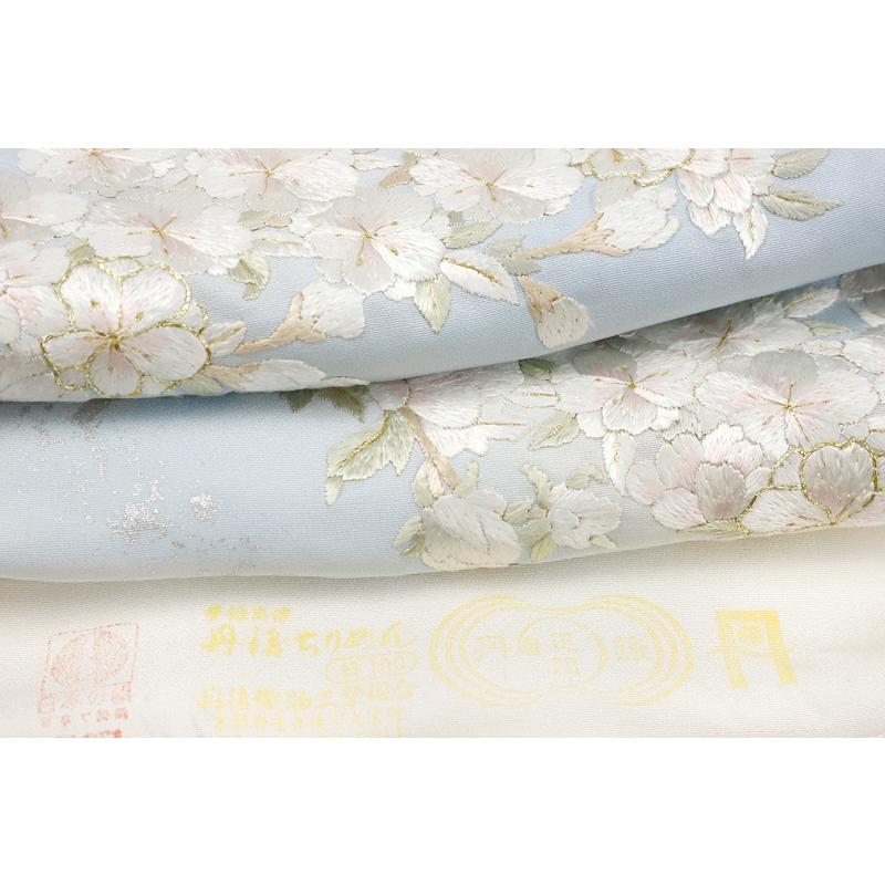 訪問着 手刺繍 正絹 水色 白 金糸 桜の木 未仕立て 反物 仮絵羽