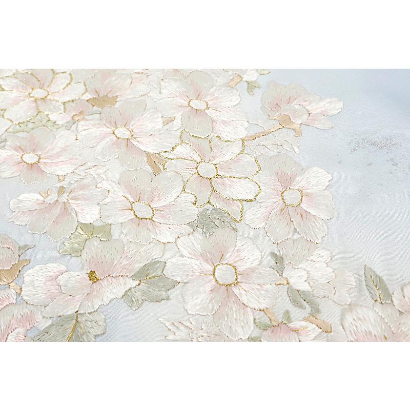 訪問着 手刺繍 正絹 水色 白 金糸 桜の木 未仕立て 反物 仮絵羽