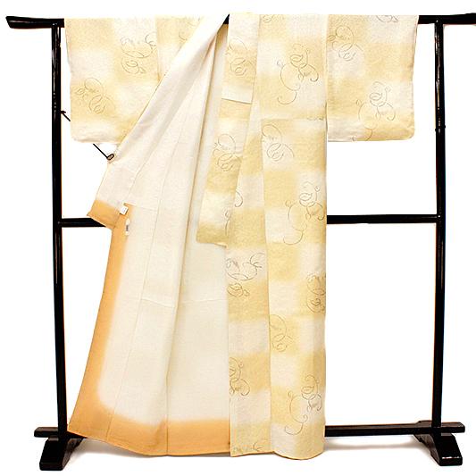 小紋 着物 正絹 クリーム色 淡黄色 オフホワイト 白地 市松 葡萄  