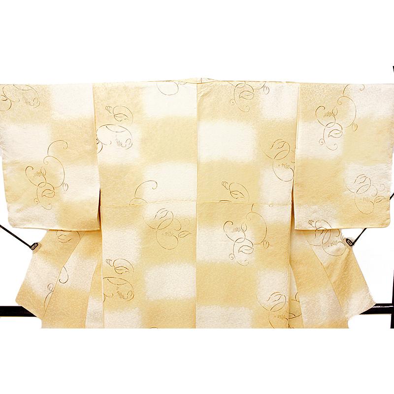 小紋 着物 正絹 クリーム色 淡黄色 オフホワイト 白地 市松 葡萄  