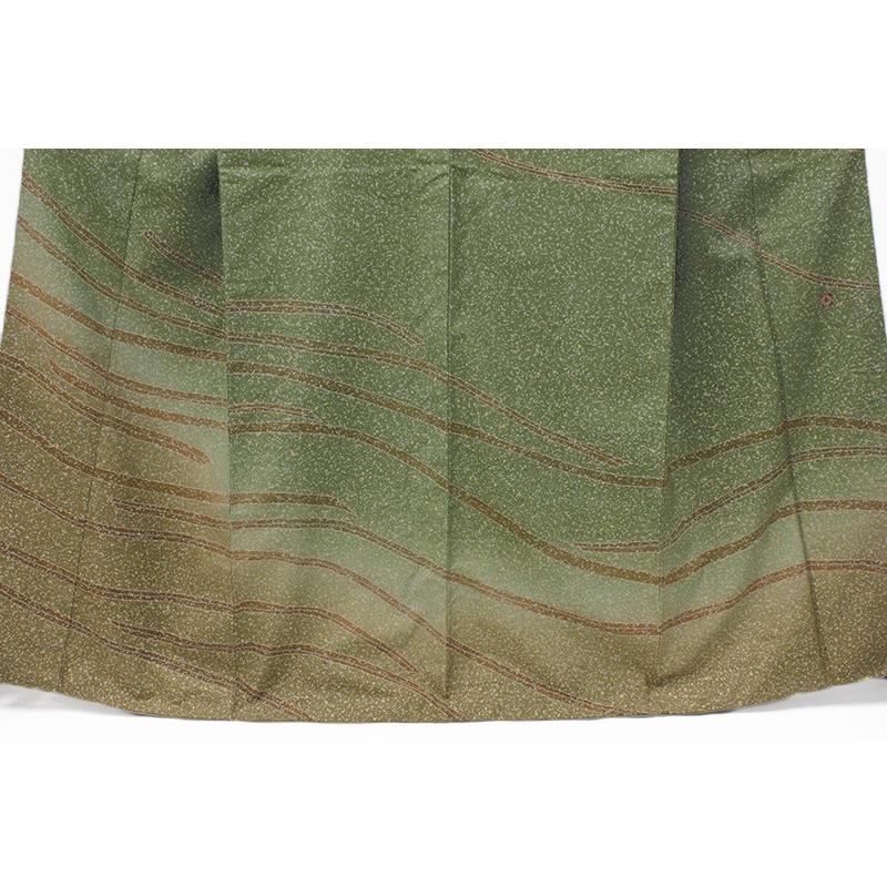 中古 本場牛首紬 紬 訪問着 リサイクル カジュアル 抹茶 蝋たたき染め