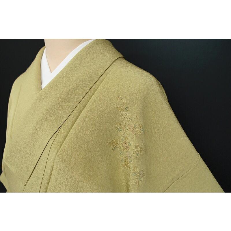 中古 色留袖 刺繍 スワトウ刺繍 平安絵巻 柳色 緑 金糸 一つ紋 正絹 