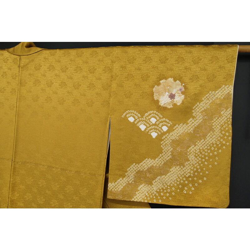 中古 訪問着 リサイクル 着物 絞り染め 刺繍 雪輪 青海波 梅 金彩 菊花