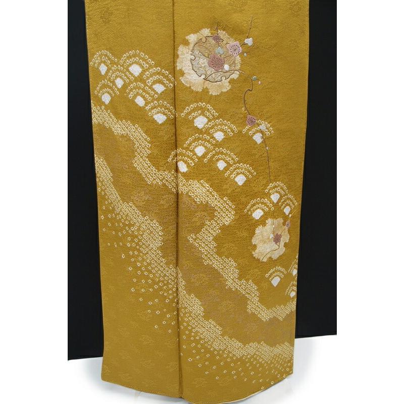 中古 訪問着 リサイクル 着物 絞り染め 刺繍 雪輪 青海波 梅 金彩 菊花