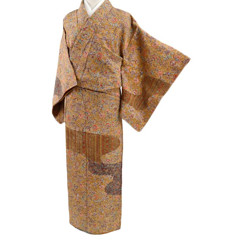中古 更紗染 訪問着 リサイクル 正絹 黄土色 からし色 茶 黄色 観世水 
