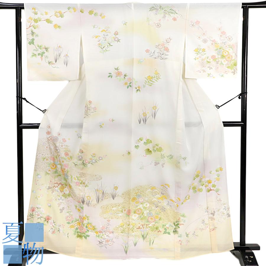夏物 訪問着 着物 正絹 単衣 駒絽 白地 花 桜 菊 梅 椿 萩 松 撫子 雲  
