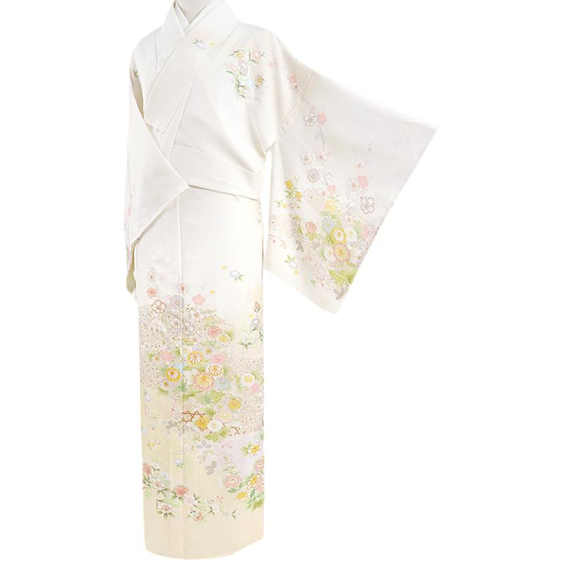 夏物 訪問着 着物 正絹 単衣 駒絽 白地 花 桜 菊 梅 椿 萩 松 撫子 雲  