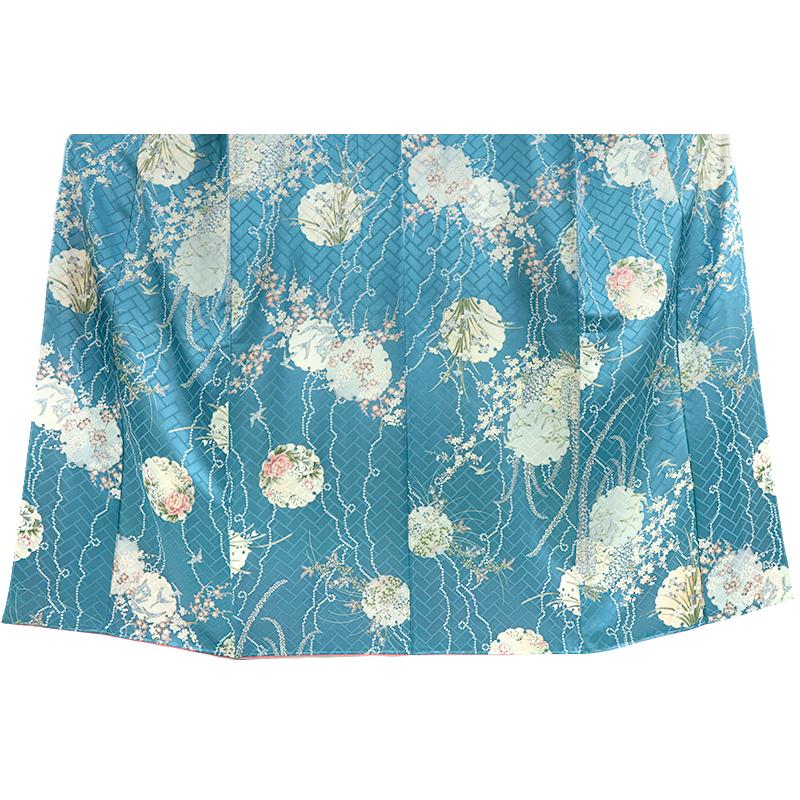 千總 摺り友禅 小紋 着物 正絹 青 花 桜 杜若 梅 藤 雪輪 燕 鳥 和柄 