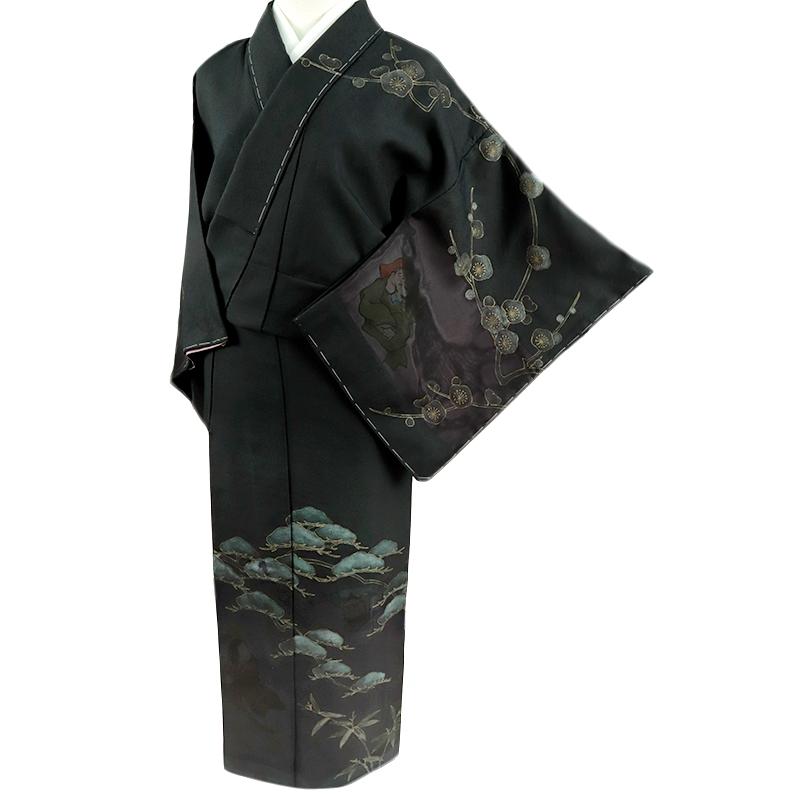 訪問着 正絹 黒地 紫 紗 紗袷せ 二重紗 花 梅 七福神 個性的 ユニーク 