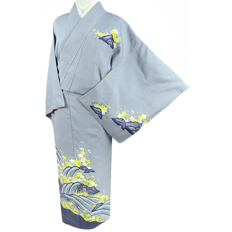 本場 結城紬 訪問着 正絹 着物 青 水色 花 鉄線 流水 岩 仕立て上がり おしゃれ 身丈162.5cm 裄69cm M Lサイズ 重要無形文化財 No.3-0435の画像