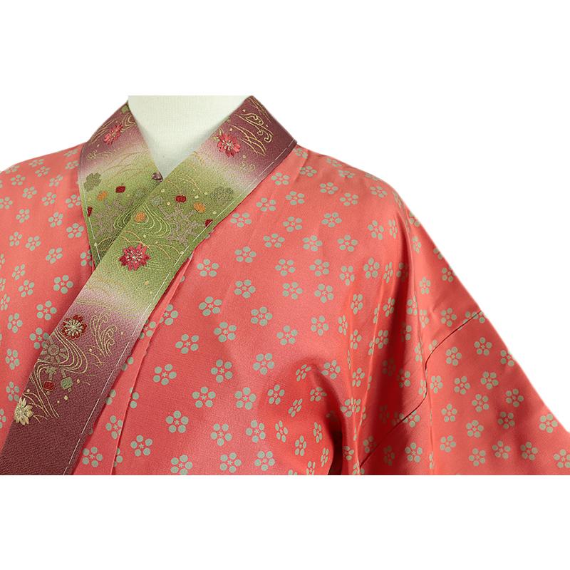 中古 長襦袢 正絹 唐織 朱色 梅鉢 桜 流水 観世水 芝 新古品 着物 
