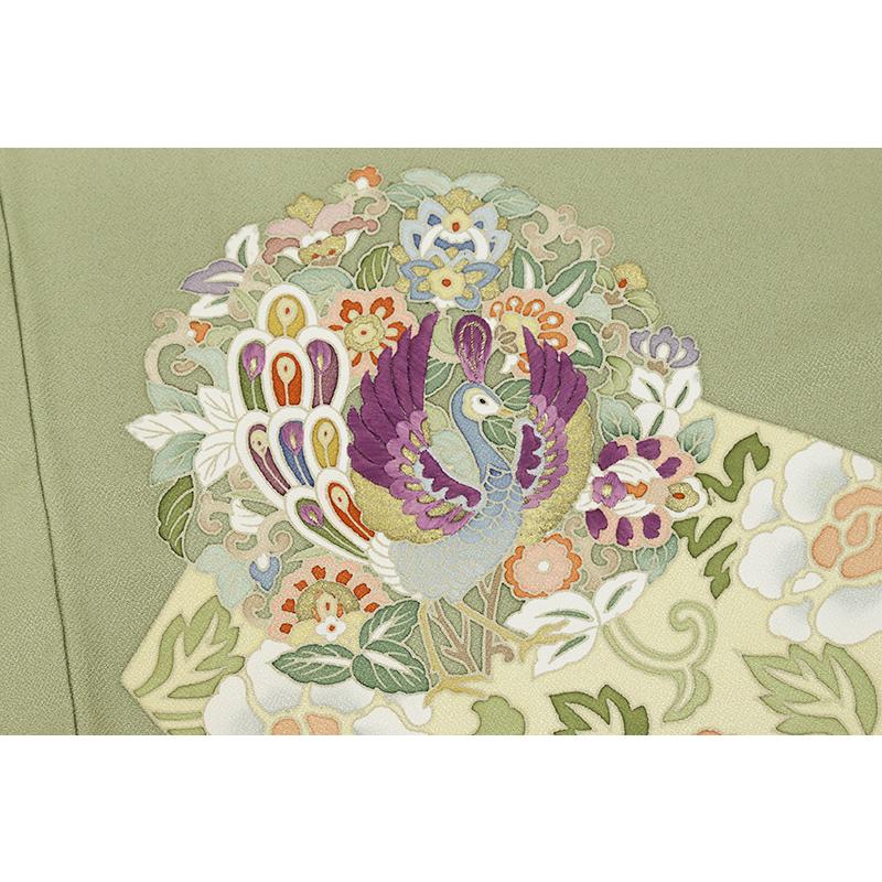 色留袖 帝王紫 紫華麗人 正絹 金駒刺繍 ちりめん 黄緑 鳳凰 花唐草 地 