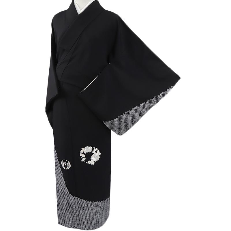 中古 訪問着 正絹 黒地 手刺繍 絞り 菊 梅 松 笹 花の丸 作家物 落款 