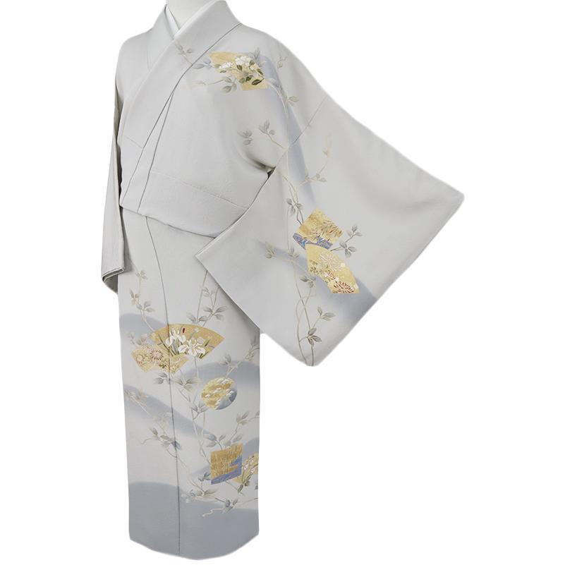 中古 訪問着 正絹 灰色 ベージュ 菊 杜若 竹 桔梗 地紙 流水 着物 