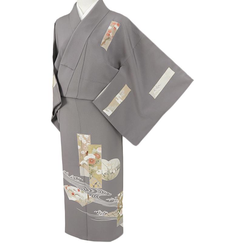 中古 訪問着 正絹 ちりめん 灰色 菊 桜 桔梗 椿 地紙 波 流水 渦 着物