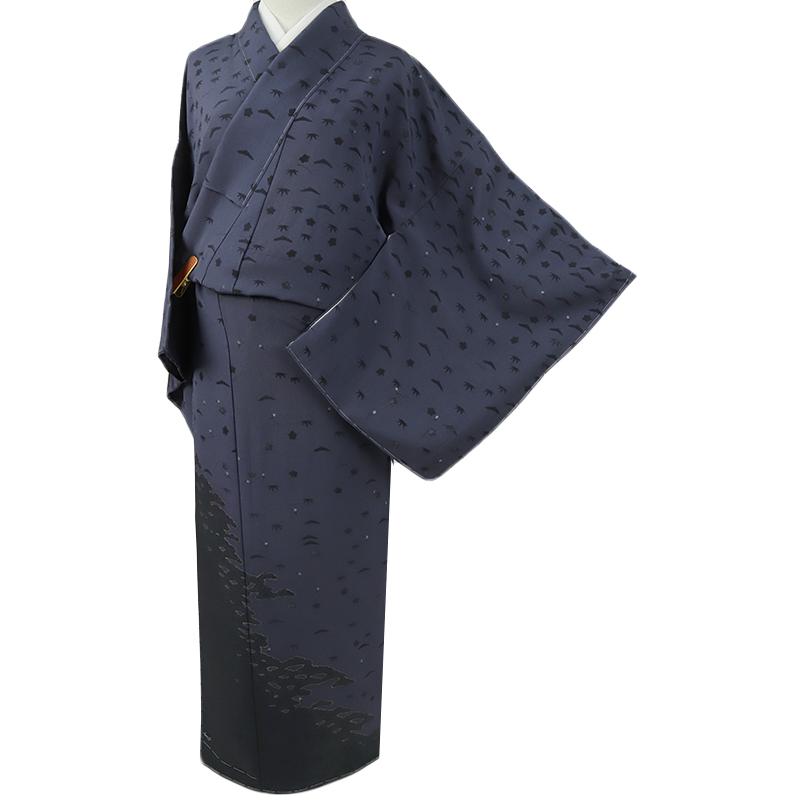 訪問着 大山紫雲 正絹 青 紺 黒 竹林 笹 雲 梅 着物 仕立て上がり 落款 