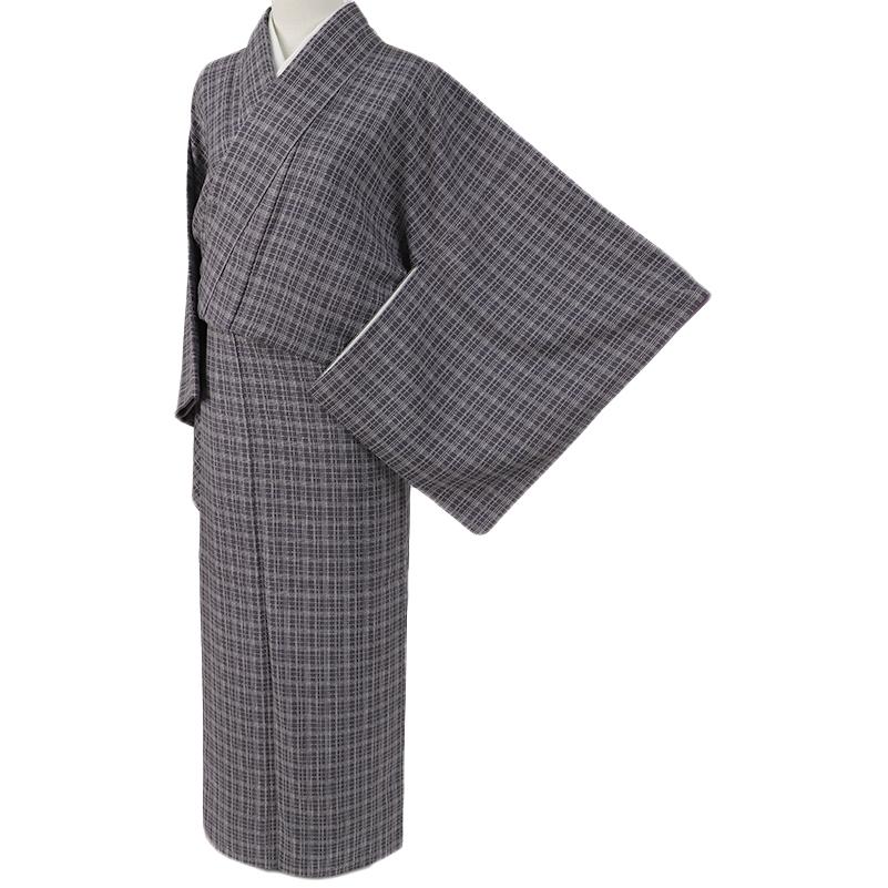 中古 紬 着物 リサイクル 正絹 灰紫 格子 縦節 仕立て上がり 身丈165.5 