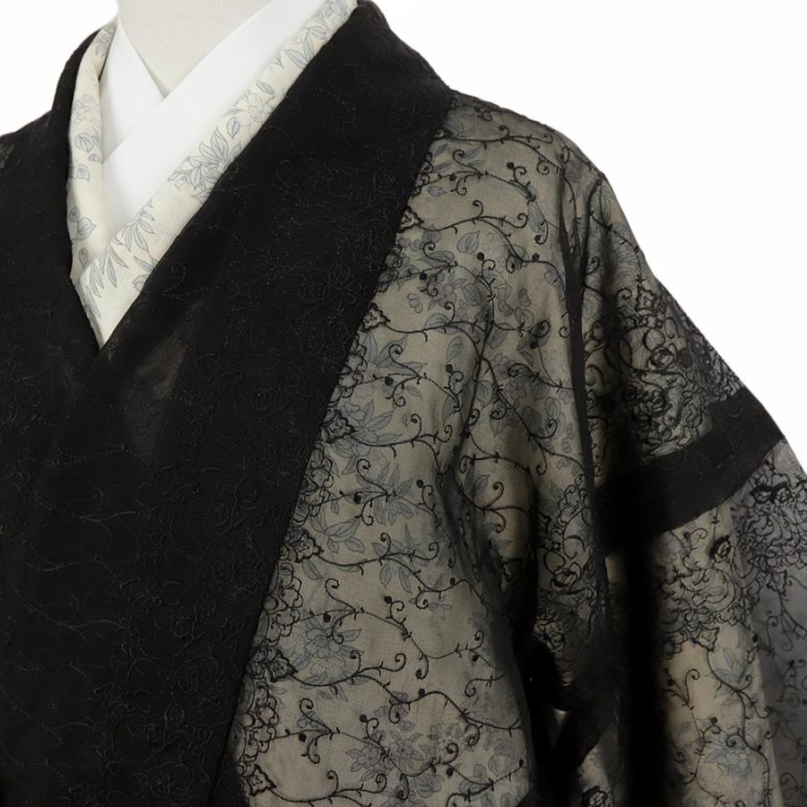 道中着 黒 レース オーガンジー 長羽織 紋紗 塵除け 正絹 スリーシーズン  花 唐草 唐花 お仕立て上がり 着物 春 夏 秋 No.3-1003の画像