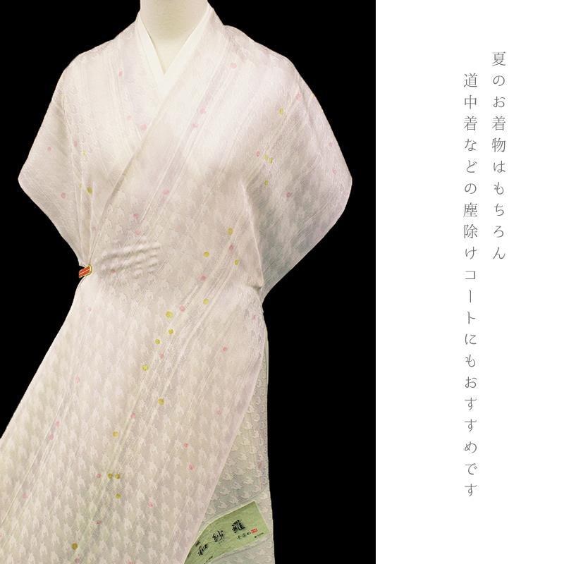 夏物 紋紗 コート 小紋 白地 薄 紫 千鳥 水玉 ドット 玉 縞 正絹 ちりめん 友禅染 手染 未仕立て 反物 紗 お洒落着 カジュアル No.4-0458の画像