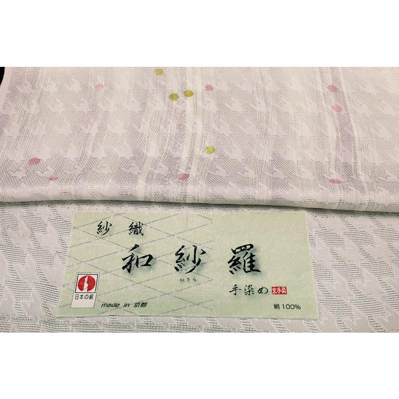 夏物 紋紗 コート 小紋 白地 薄 紫 千鳥 水玉 ドット 玉 縞 正絹 ちりめん 友禅染 手染 未仕立て 反物 紗 お洒落着 カジュアル No.4-0458の画像