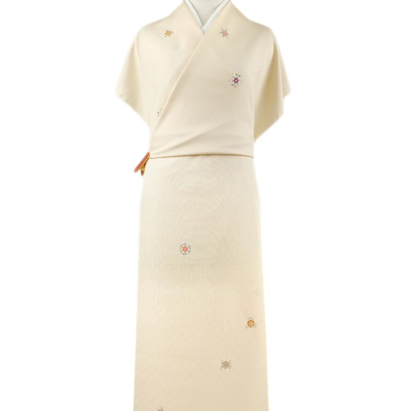 小紋 反物 正絹 黄色 生成り クリーム色 華文 和柄 友禅染 綸子 型友禅