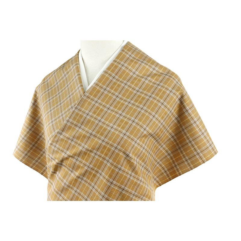 紬　反物　未使用　正絹　花柄 花織紬 反物 正絹 信州 伝統工芸品 茶 ブラウン ベージュ 格子 菱