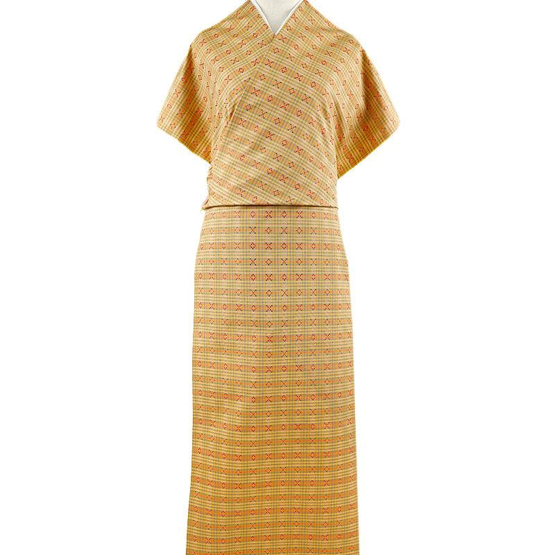 花織紬 反物 正絹 信州 伝統工芸品 黄色 橙色 赤 格子 菱 チェック 最