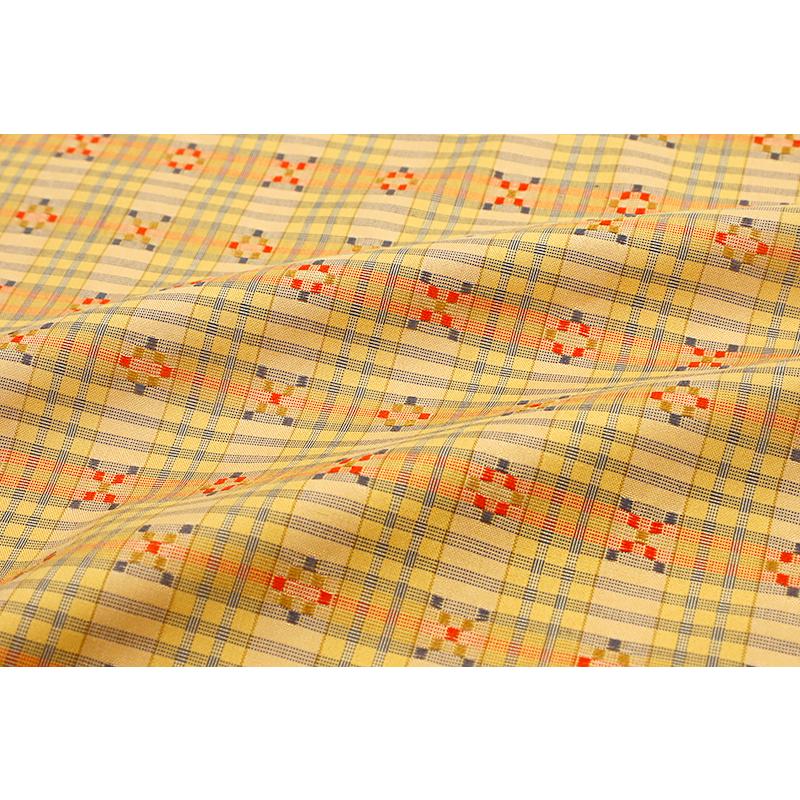 花織紬 反物 正絹 信州 伝統工芸品 黄色 橙色 赤 格子 菱 チェック 最
