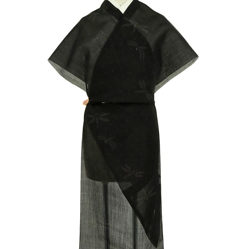 反物 小千谷ちぢみ 織田工房 なせん染 夏物 絽 黒地 トンボ 着物 最未仕立て 湯通し済 オーガニックラミー トスコ お洒落着 カ No.4-0666の画像