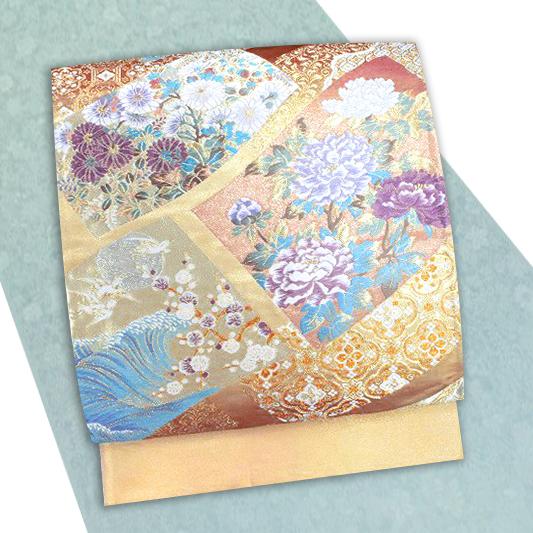 在庫処分 袋帯 美しいキモノ掲載柄 新品 正絹 唐織 金糸 金 藤色 緑青 