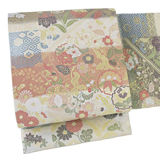 袋帯 正絹 唐織 西陣織 新品 生成り ベージュ 薄茶色 花 菊 雪の輪 桐 