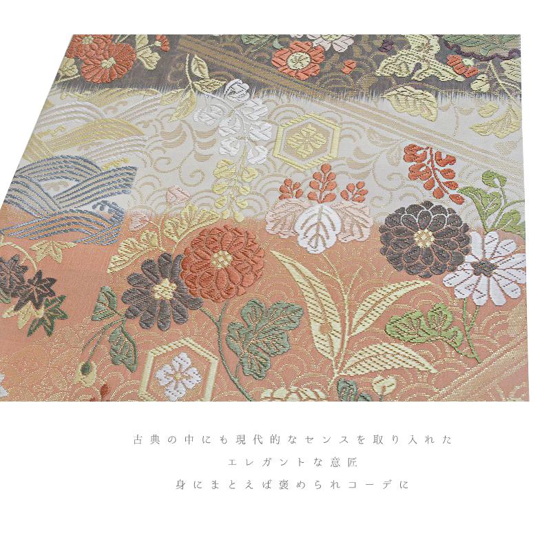 袋帯 正絹 唐織 西陣織 新品 生成り ベージュ 薄茶色 花 菊 雪の輪 桐  