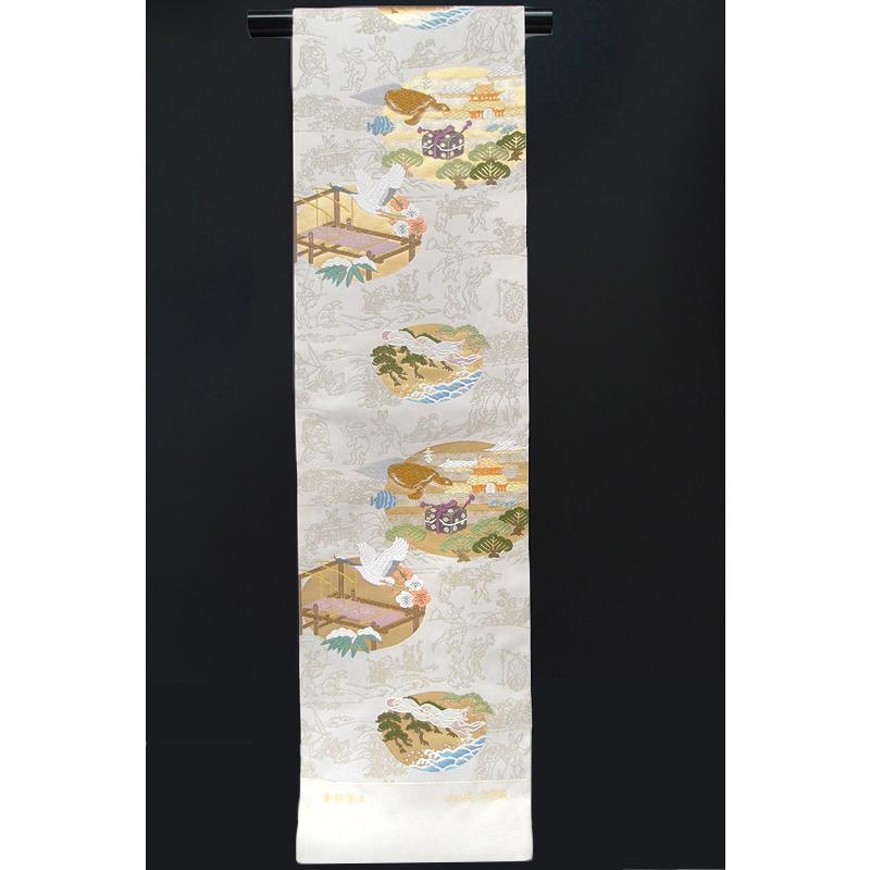 袋帯 唐織 正絹 山口美術織物 ライトベージュ 童話集文 鳥獣戯画 山口