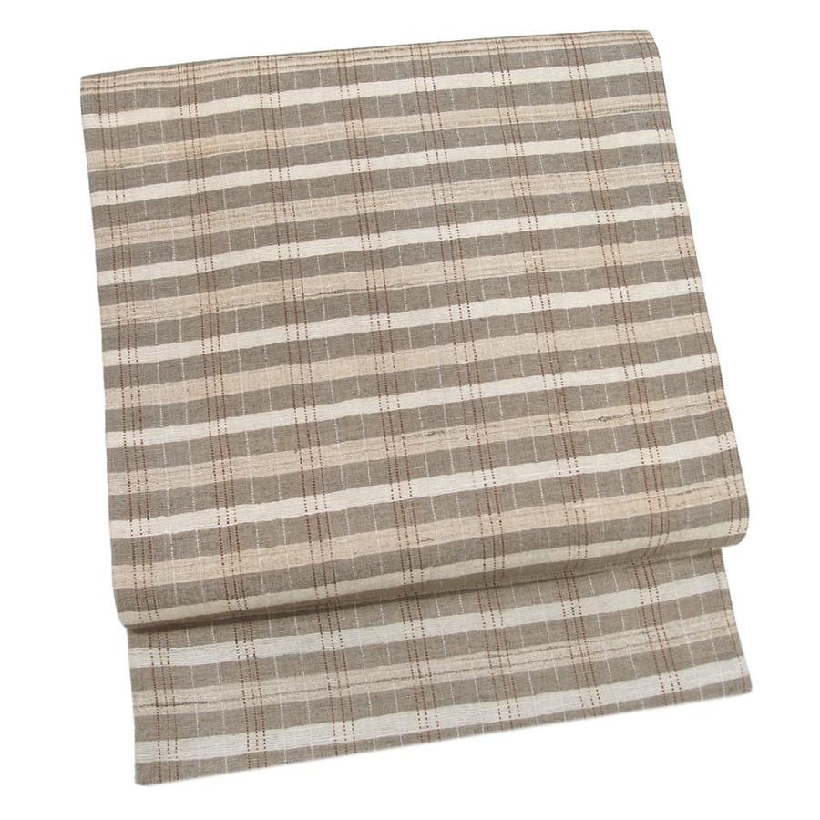 袋帯 正絹 野蚕シルク 紬 手紡ぎ 生成り ライトベージュ 格子柄