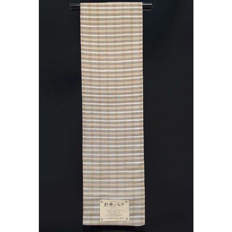 袋帯 正絹 野蚕シルク 紬 手紡ぎ 生成り ライトベージュ 格子柄