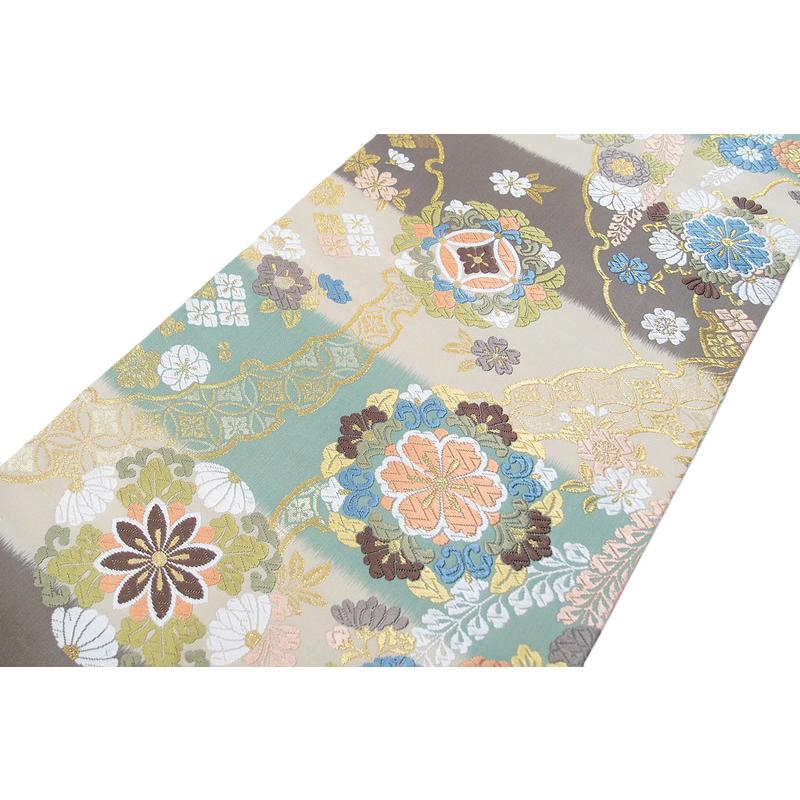 袋帯 正絹 唐織 大光 西陣織 ベージュ 横段 雪輪 華文 七宝 桜 椿 菊