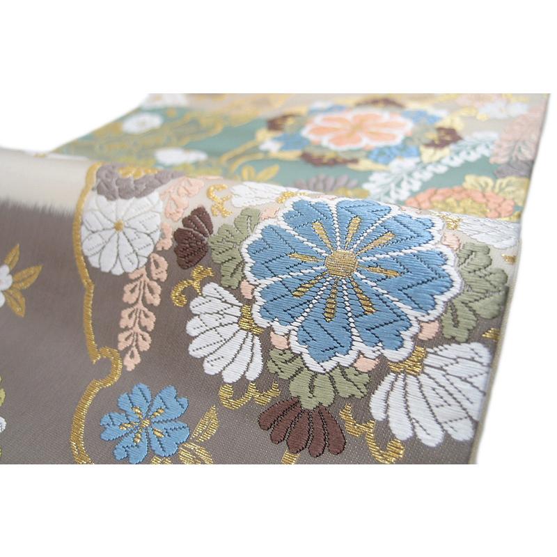 袋帯 正絹 唐織 大光 西陣織 ベージュ 横段 雪輪 華文 七宝 桜 椿 菊