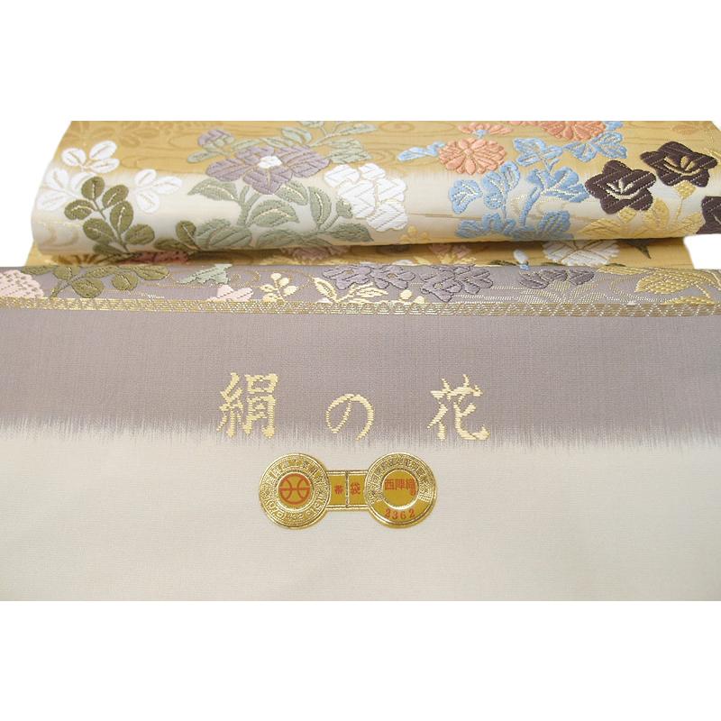 袋帯 正絹 唐織 大光 西陣織 ベージュ グレー 横段 菊 萩 女郎花 桔梗  