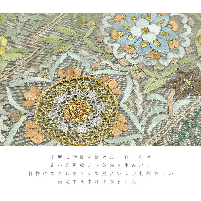 袋帯 スワトウ刺繍 汕頭刺繍 刺繍 手刺繍 西陣織 正絹 銀地 灰色