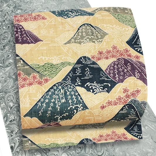 栗山吉三郎 名古屋帯 栗山紅型 和染紅型 紅型染 肌色 山波 桜模様 九寸