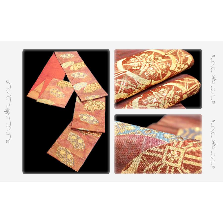 中古 渋赤 金色地 扇 地紙 花菱 華文模様 正絹 六通 袋帯 仕立て上がり  