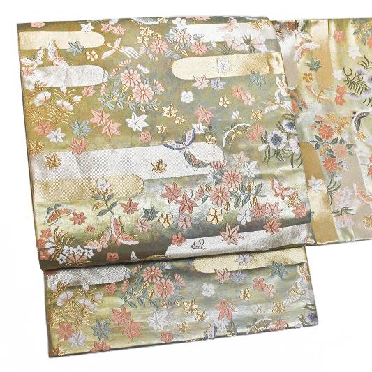 中古 袋帯 正絹 唐織 リサイクル 金地 鳥 梅 蝶 菊 紅葉 楓 金糸 礼装 