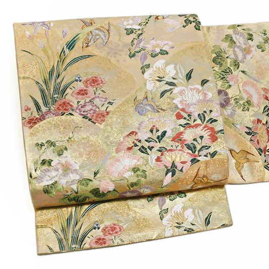 中古 袋帯 正絹 唐織 リサイクル 金色地 花 鳥 朝顔 菖蒲 藤 金糸 礼装