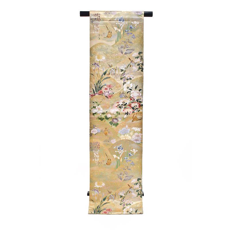 中古 袋帯 正絹 唐織 リサイクル 金色地 花 鳥 朝顔 菖蒲 藤 金糸 礼装