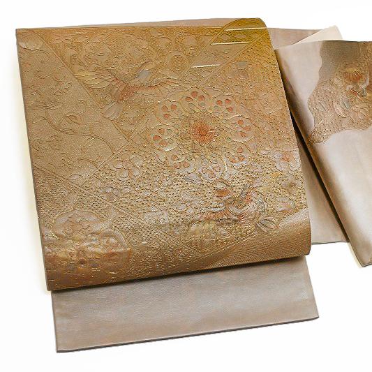 中古 袋帯 正絹 リサイクル 金色地 鳥 華文 花唐草 花 裂取り スワトウ