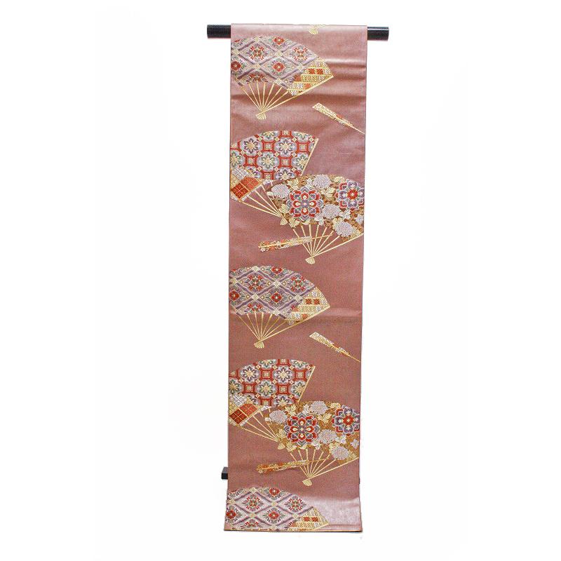 中古 袋帯 正絹 唐織 リサイクル 赤茶色 扇 花唐草 華文 花菱 亀甲