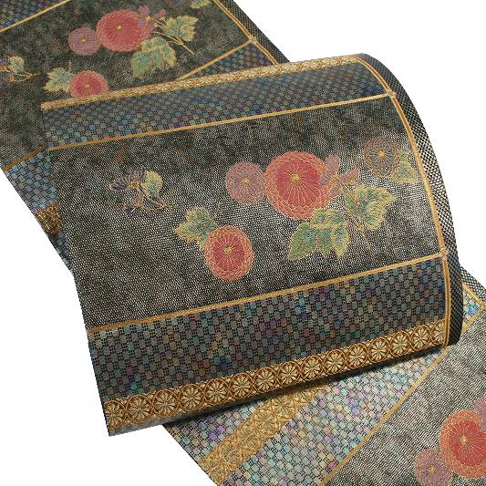 中古 西陣 じゅらく 袋帯 正絹 唐織リサイクル 黒地 花 横段 菊 金銀糸 
