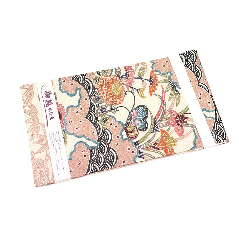 在庫処分 栗山吉三郎 名古屋帯 夏物 紅型染 渋ピンク 蝶 杜若 菊 笹 雲 青海波 九寸 麻 新品 仕立て上がり お洒落着 カジュアル No.6-0819の画像
