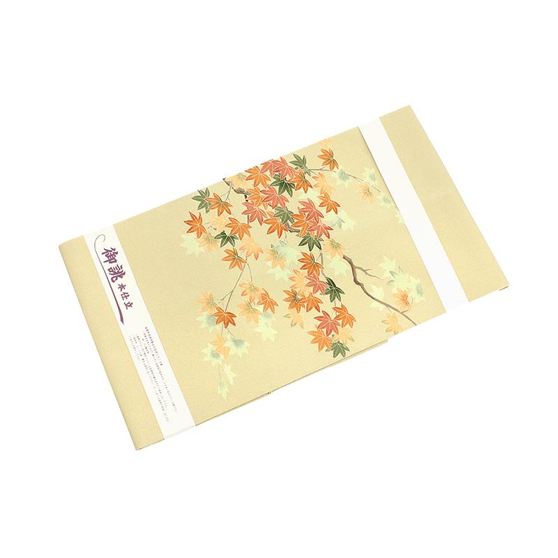 秀美 名古屋帯 十日町友禅 正絹 渋ベージュ 紅葉 もみじ 浜ちりめん 松寿縮緬 友禅染 仕立て上がり 九寸 お洒落着 カジュアル No.6-0859の画像
